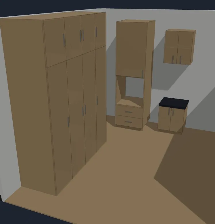 Studio de MuebleApp3D: cuarto con closet de piso a techo, torre de horno, alacena y gabinete con cubierta, en vista 3D